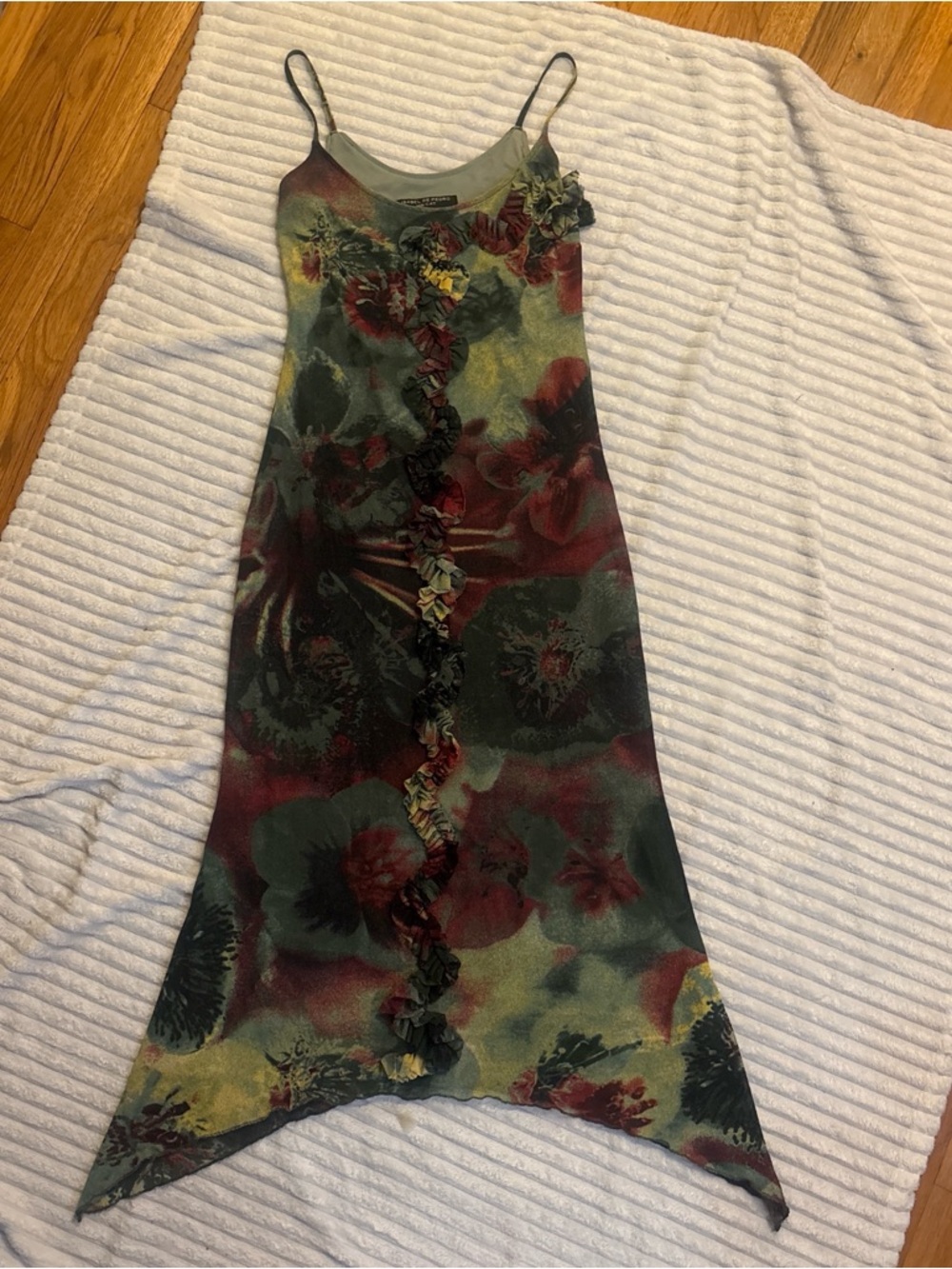 Isabel de Pedro Olive Green Floral Midi Slip Dress with Red and Yellow Accents